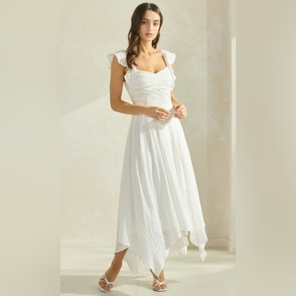 White Eyelet Lace‎ Flutter Sleeve Smocked Bodice Midi Dress SZ 6
